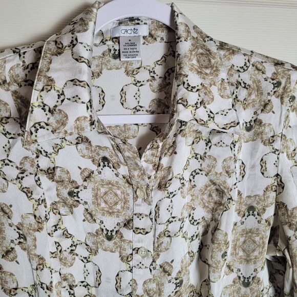 Cache Silk Button Down Shirt Women's Size Medium White Tan Old Money Equestrian - Picture 3 of 11